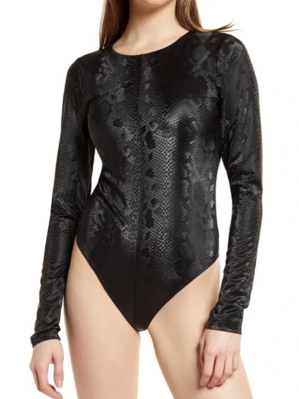 Good American Faux Leather Bodysuit Black Snake